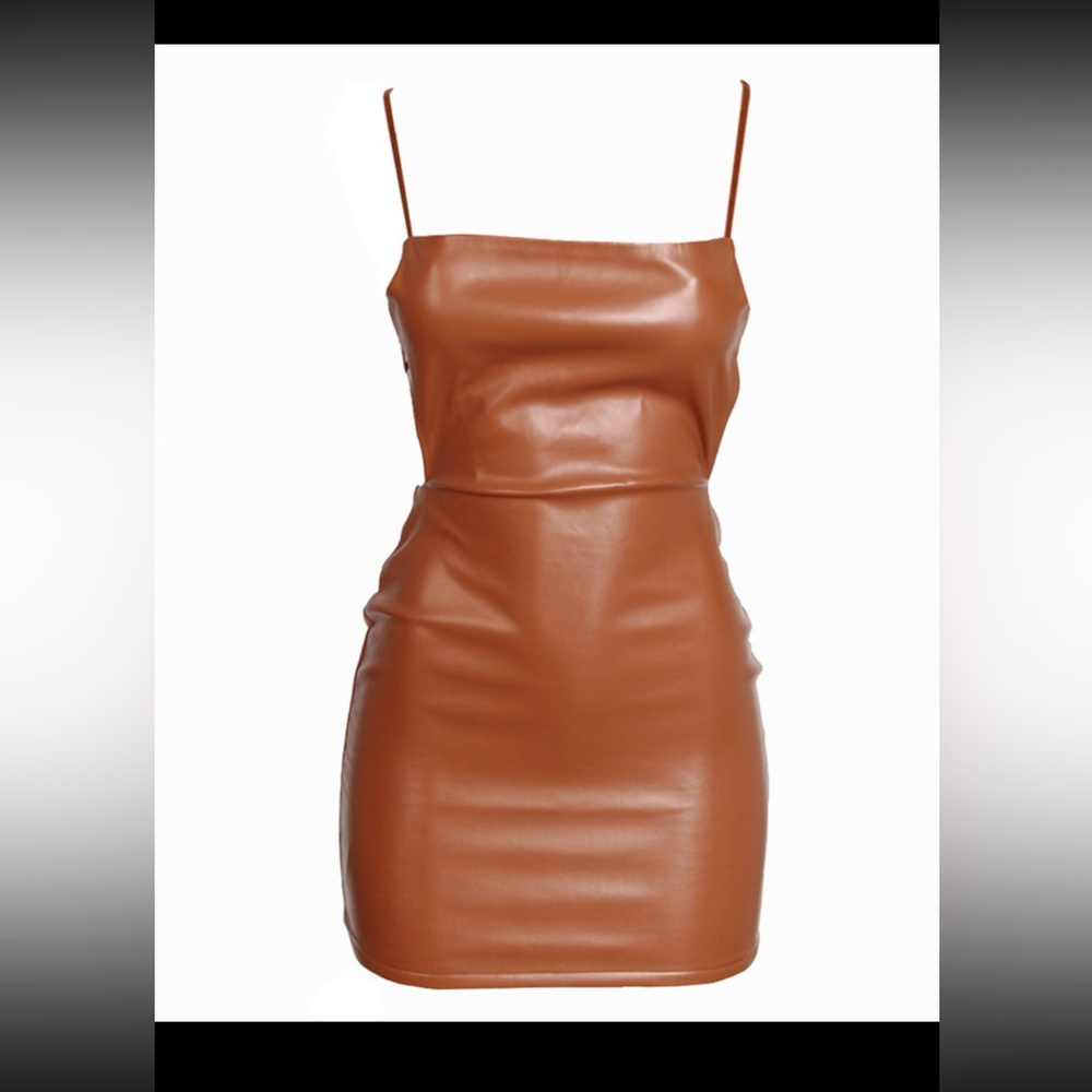 Backless camel faux leather dress